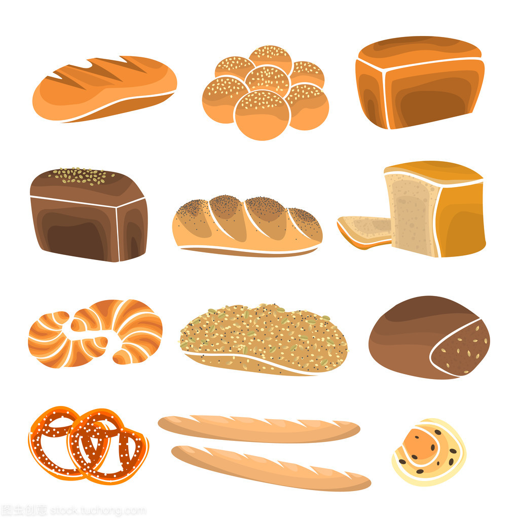 面包产品集。面包店元素和面包店展示。平面样式中的面包店项目。矢量图